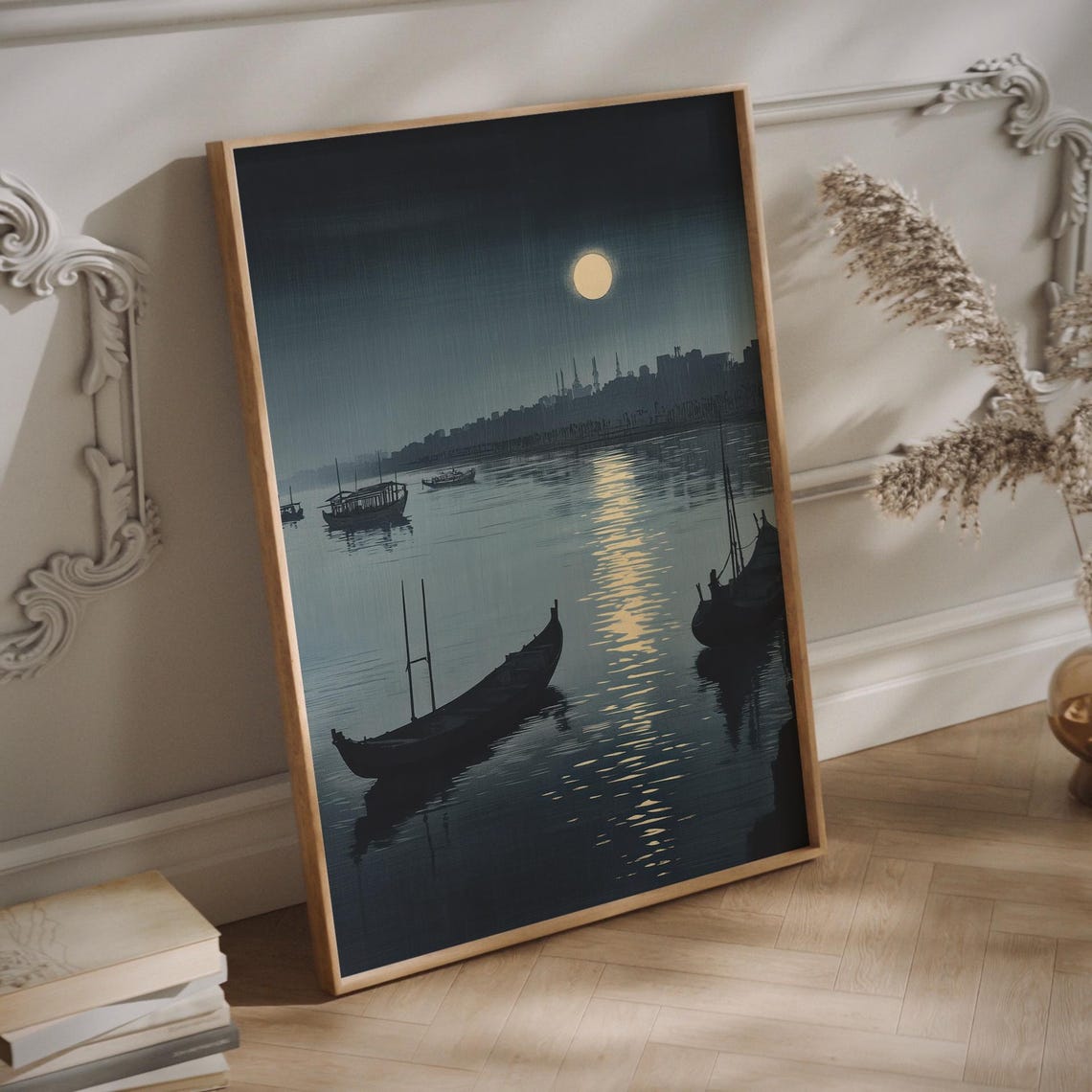 Moonlit Reflection Sumida Japandi Night Wall Art Minimalist Zen Landscape Print Wabi Sabi Tranquil River Scene - Image 3