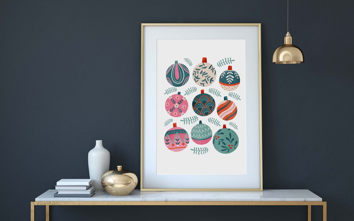 Nine Patterned Christmas Ornaments Teal Pink Holiday Art Poster - Image 2