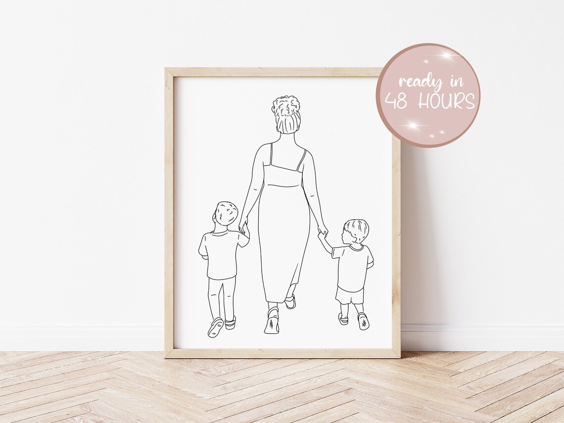Mother and Two Children Walking Line Art Minimalist Family Poster