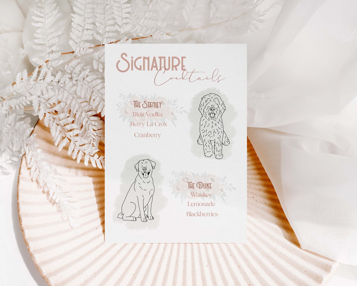 Signature Cocktails Wedding Bar Menu with Dog Illustrations Poster