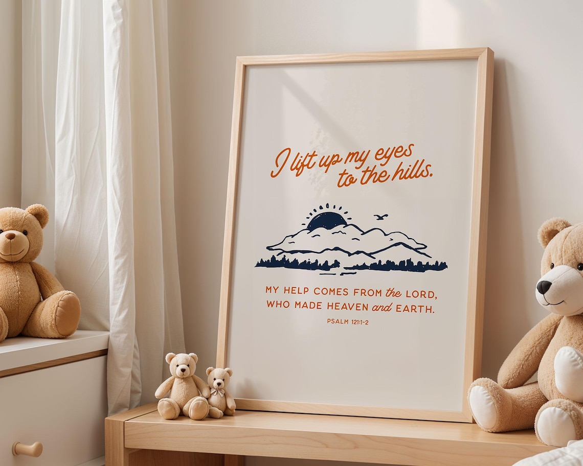 Retro Psalm 121, Mountain Sketch Nursery Art Print - Image 5