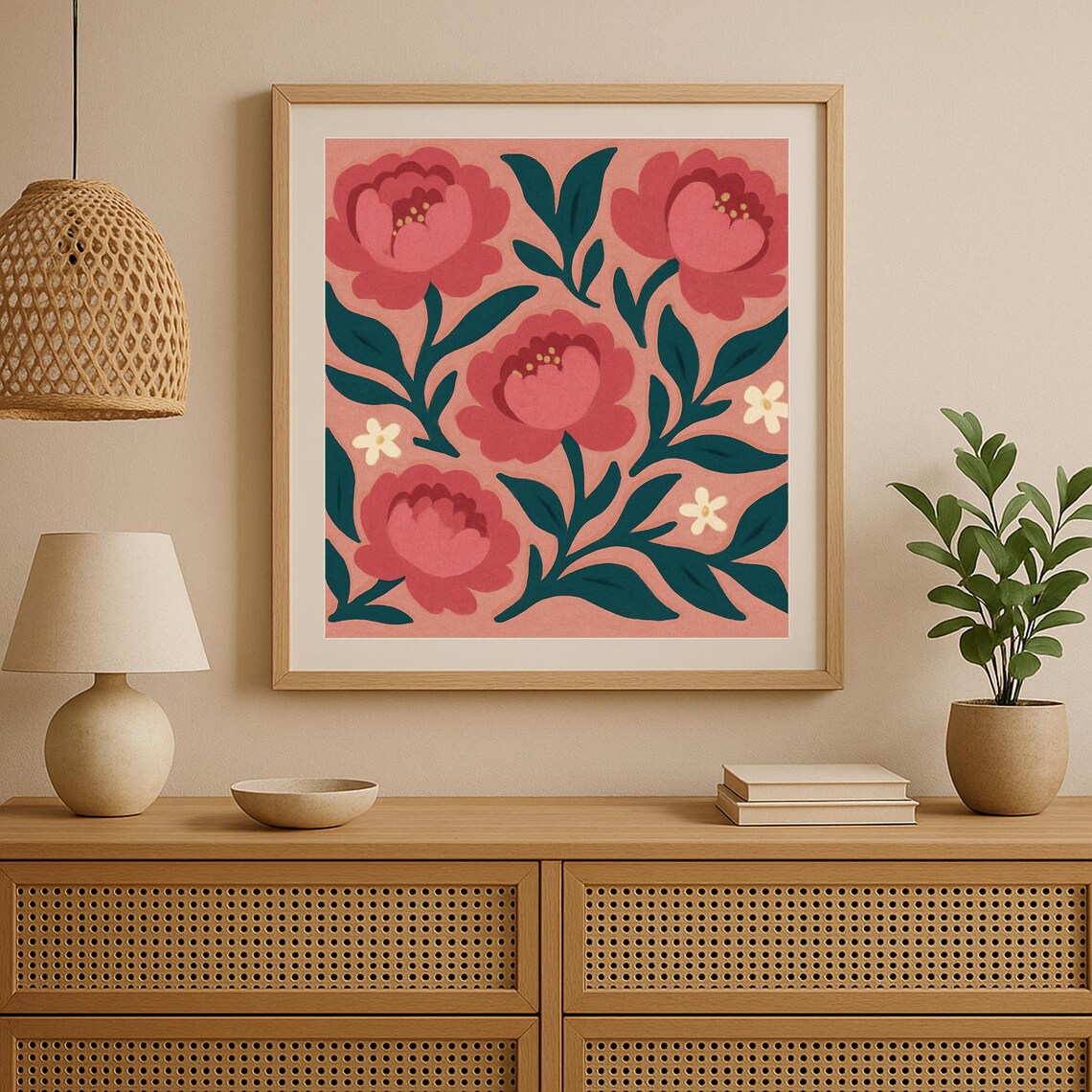 Bold Floral Retro Peony Flower Print, Boho Decor