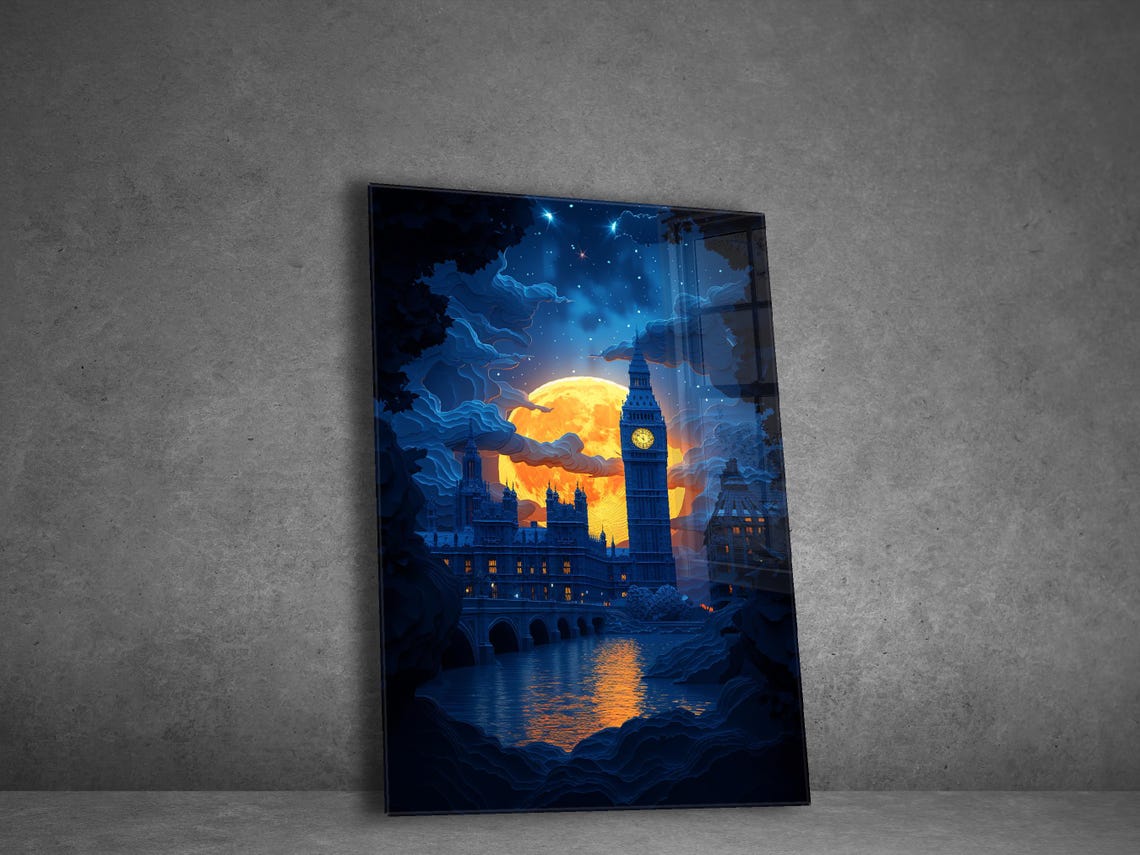 London Big Ben Night Poster Moonlit Thames Blue Cityscape Art