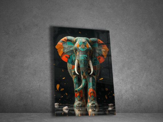 Stained Glass Elephant Poster Teal Orange Mosaic Style Artwork