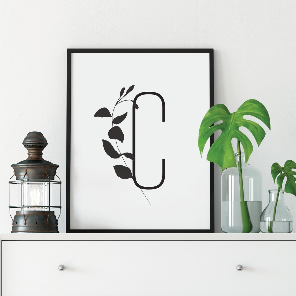 Letter C Botanical Initial Print with Delicate Gray Leaf Sprig Design - Image 5