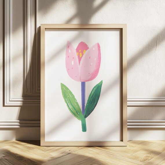 Single Pink Tulip Playful Hand Painted Flower Kids Nursery Poster