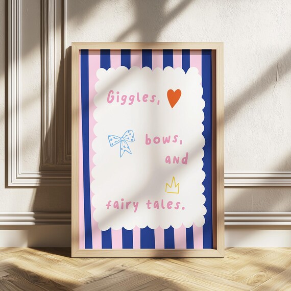 Giggles Bows And Fairy Tale Nursery Wall Art Pink Blue Pastel Kids Room Decor Girl Quote Poster Playroom