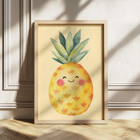 Smiling Kawaii Watercolor Pineapple Kids Room Fruit Nursery Poster