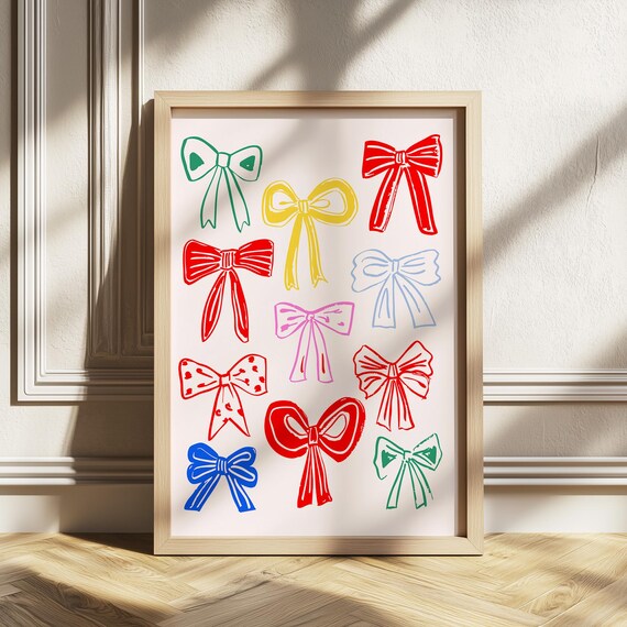 Colorful Whimsical Bow Art Print Preppy Wall Decor Girly Coquette Nursery Girls Room