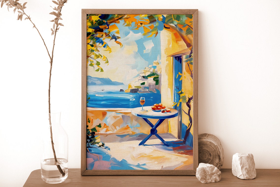Mediterranean Terrace Sunset Watercolor Coastal Seaside Poster