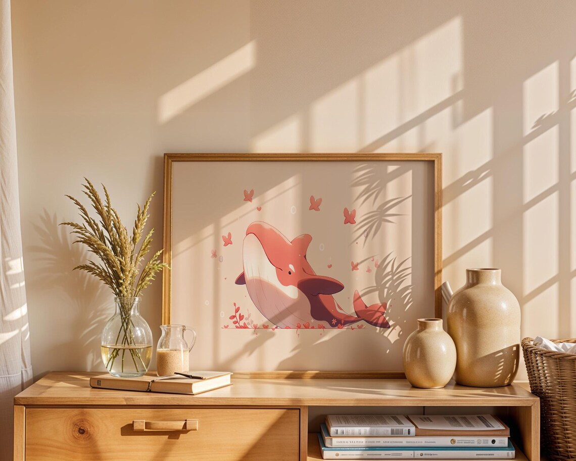 Cute Pink Whale Floating Among Butterflies Kawaii Wall Art in Soft Blush and Pastel Tones