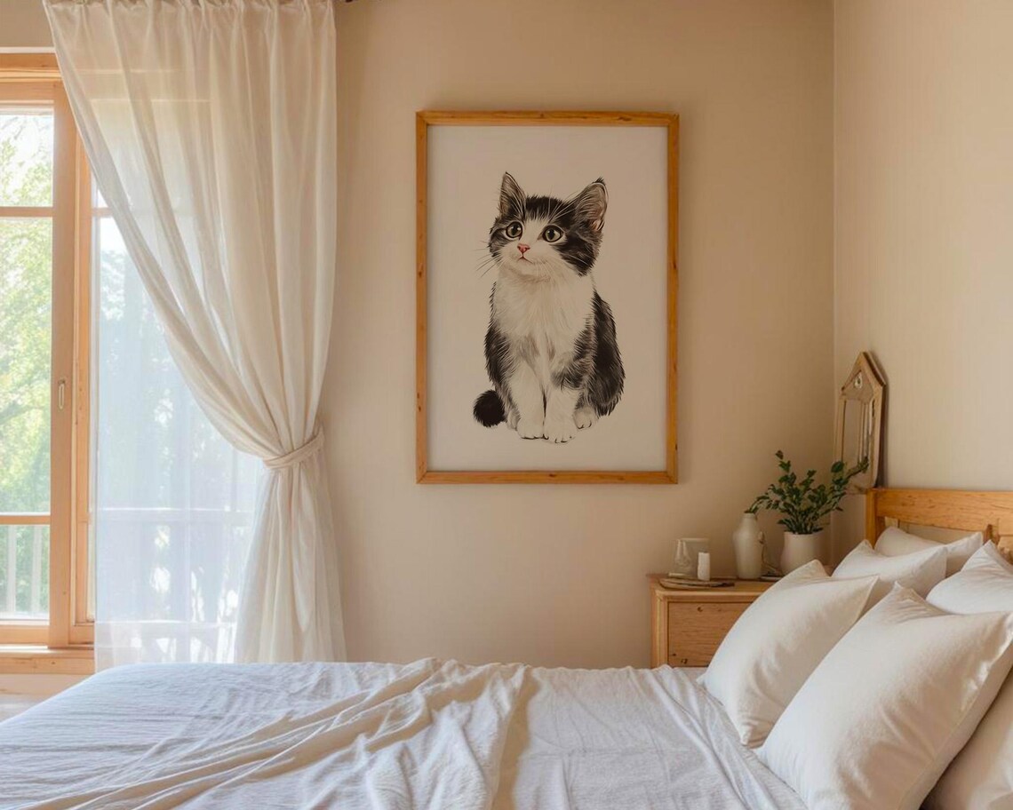 Sweet Black and White Kitten Sitting Cat Lovers Decor Poster