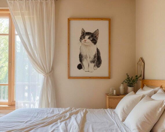 Sweet Black and White Kitten Sitting Cat Lovers Decor Poster