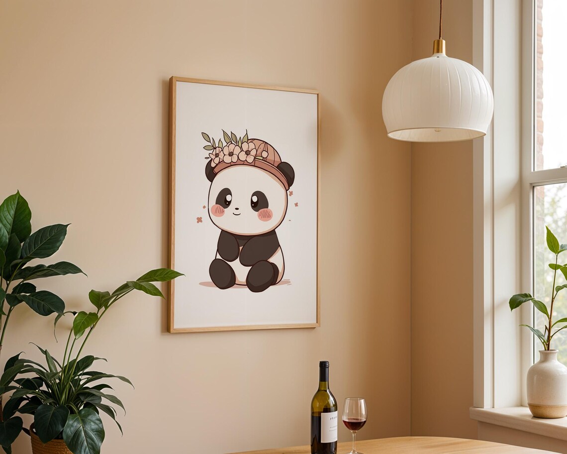 Cute Panda in Floral Hat Kawaii Animal Poster for Kids Room Wall Decor - Image 3
