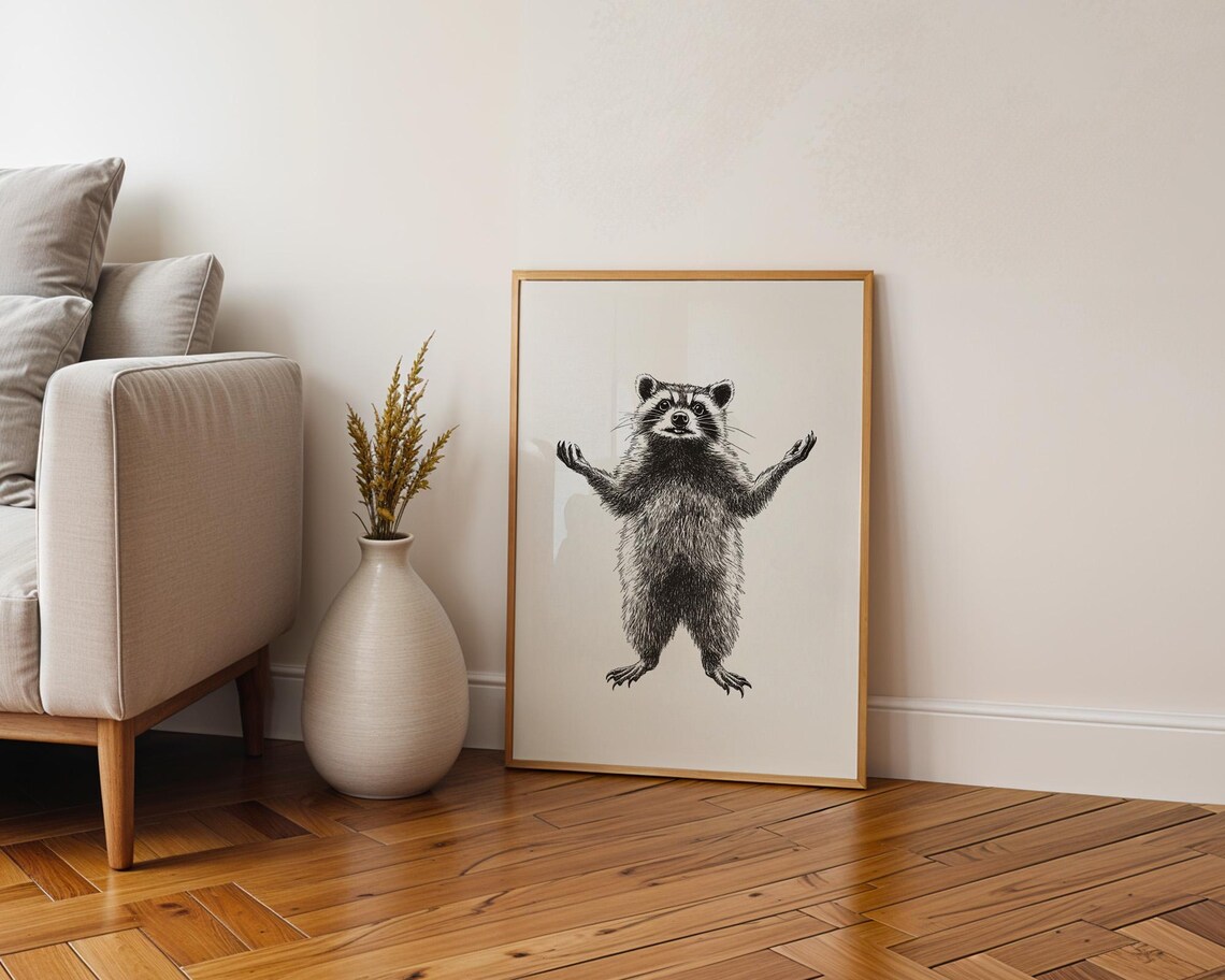 Vintage Standing Raccoon Engraving Animal Poster for Rustic Office Decor - Image 6