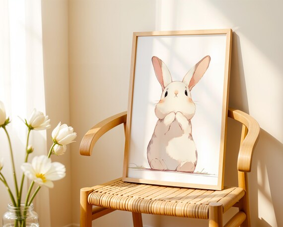Sweet Cute White Bunny Rabbit Watercolor Nursery Animal Art Print