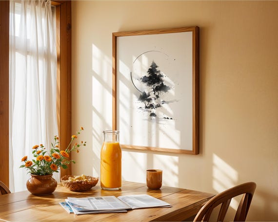 Black Ink Tree With Circle, Minimalist Art Print
