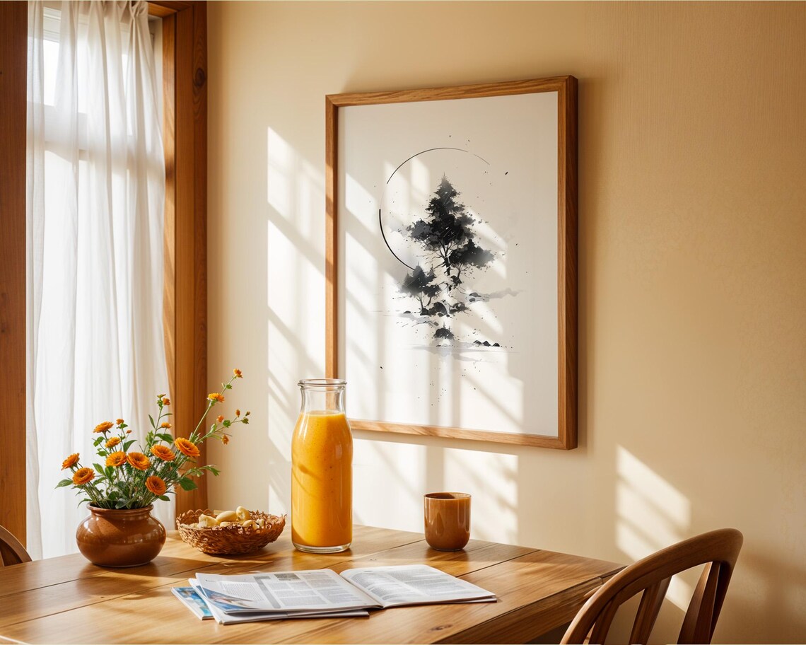 Black Ink Tree With Circle, Minimalist Art Print