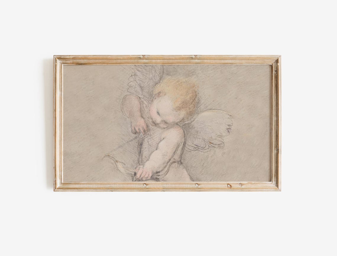 Vintage Cupid Sketch Sepia Angel Bow Drawing Romantic Poster - Image 2