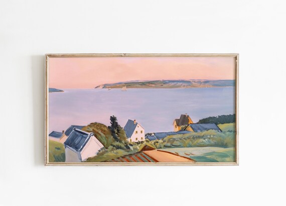 Coastal Village Sunset Cottages Pastel Seascape Vintage Poster