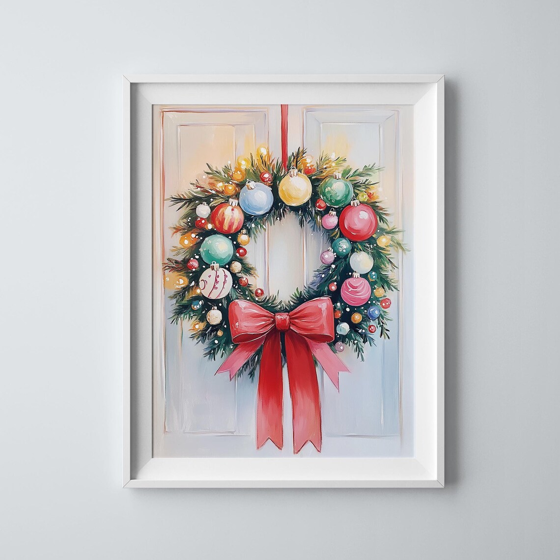 Christmas Wreath Colorful Ornaments Red Bow Festive Door Poster
