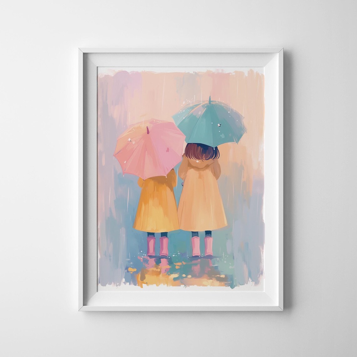 Two Girls In Yellow Raincoats With Colorful Umbrellas In Rain Poster