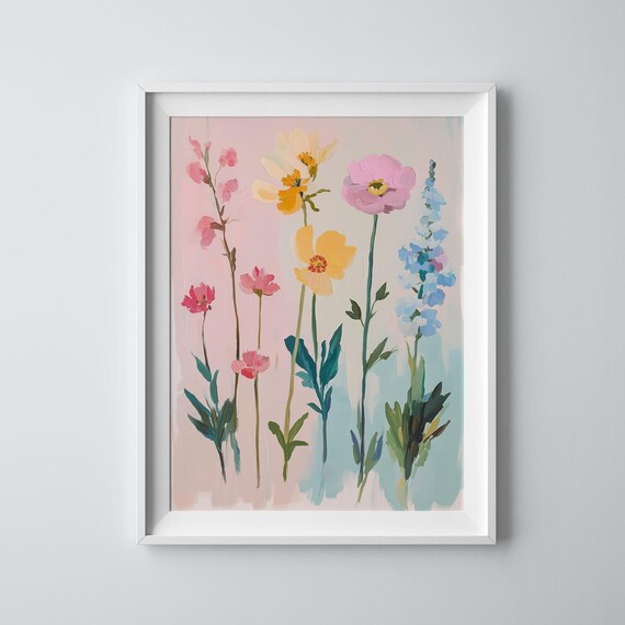 Pastel Wildflowers Pink Yellow Blue Blossoms Spring Floral Art Poster