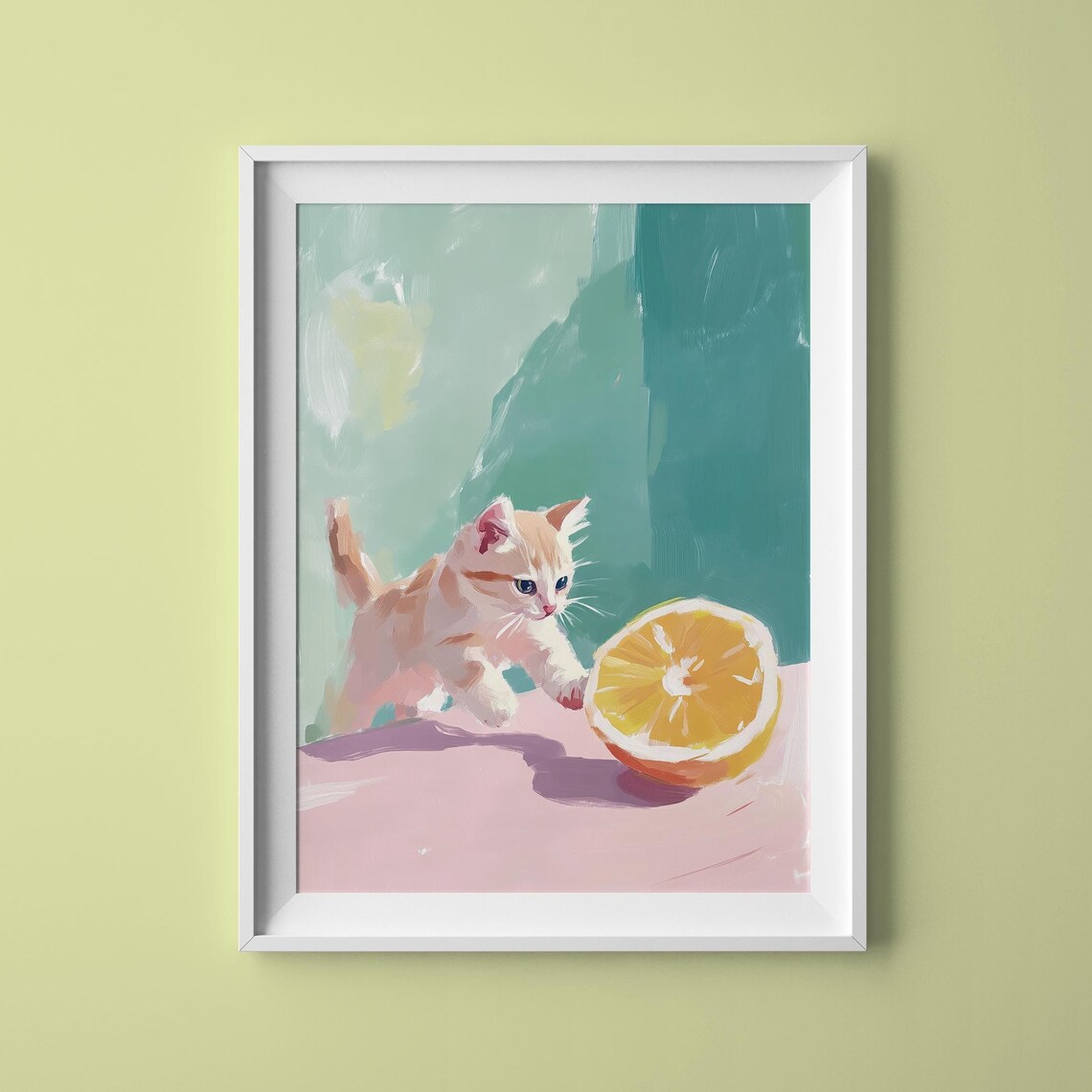 Cute Kitten Playing With Lemon Half Pastel Painting Funny Cat Art Poster