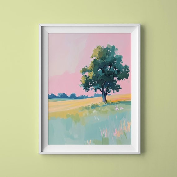 Tranquil Field With A Beautiful Tree Watercolor Field Art Pastel Tree Painting Single Tree Art Pastel Landscape Art Tree In Field Art