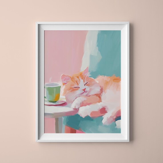 Sleepy Orange Cat Next to Coffee Cup Pastel Cozy Wall Art Print