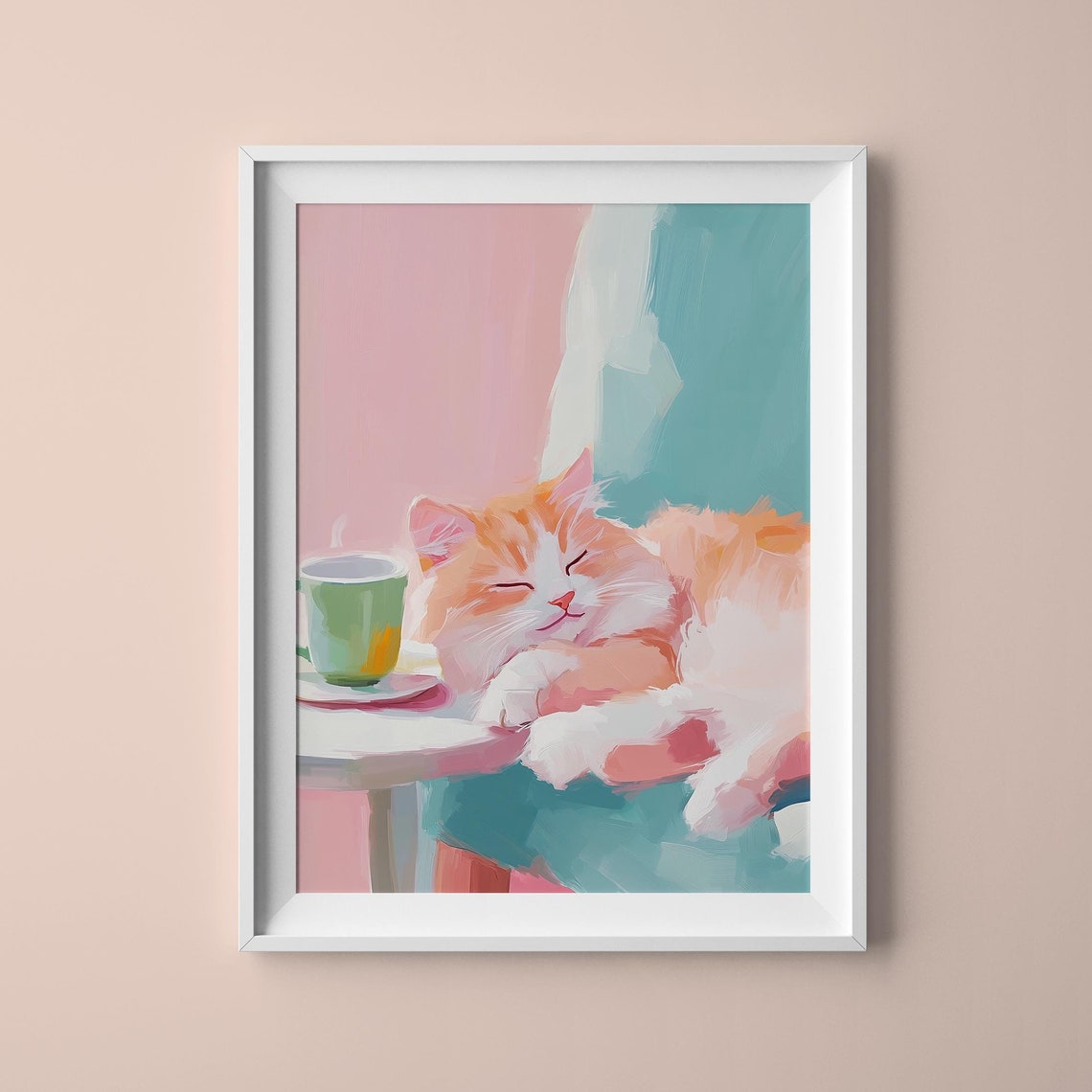 Sleepy Orange Cat Next to Coffee Cup Pastel Cozy Wall Art Print