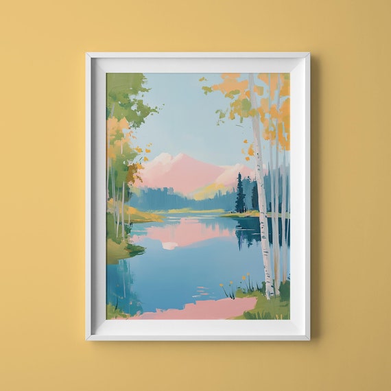 Tranquil Mountain Lake Art Watercolor Lake Art Peaceful Nature Art Tranquil Landscapes Lakeside Painting Scenic Art Forest Lake Scene