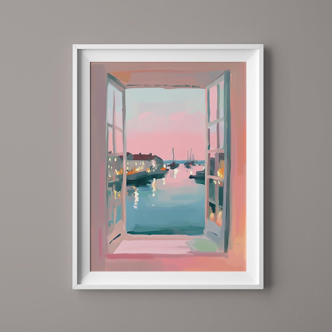 Open Window Harbor View Dusk Boats Pink Sky Coastal Art Poster