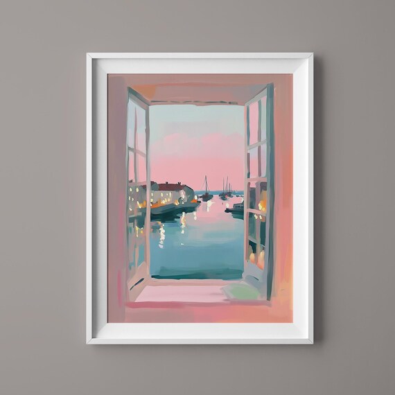 Open Window Harbor View Dusk Boats Pink Sky Coastal Art Poster
