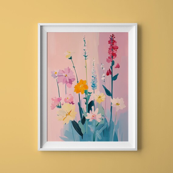 Colorful Wildflower Bouquet Pink Background Spring Floral Art Poster