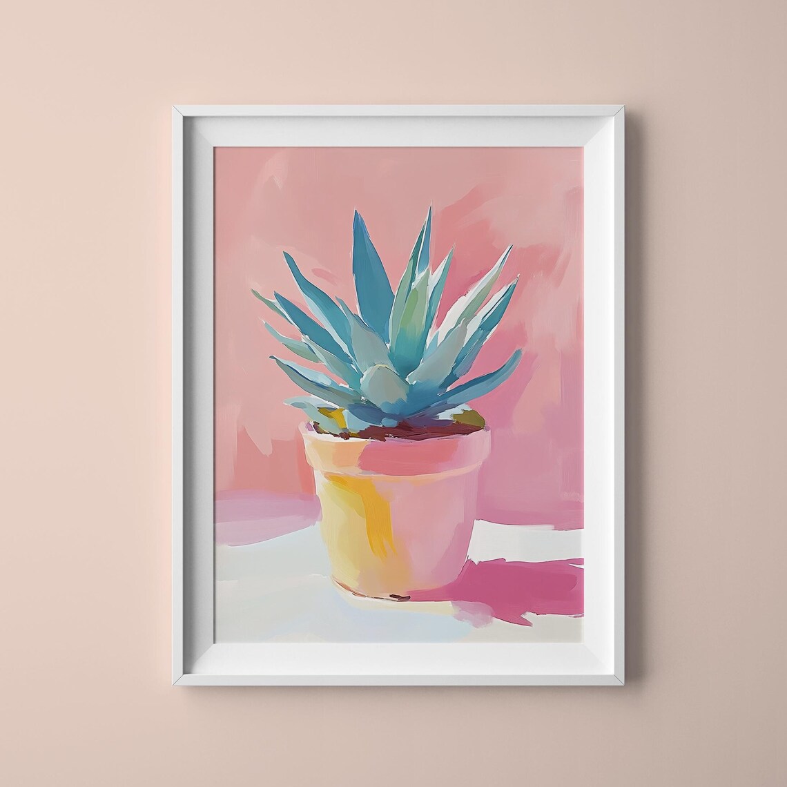 Blue Agave Plant in Terracotta Pot Pastel Pink Botanical Wall Poster