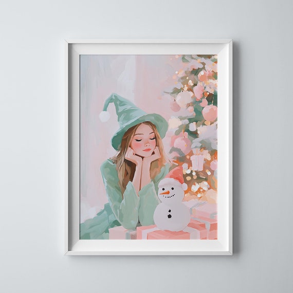 Pastel Christmas Fairy Her Snowmanl Christmas Fairy Art Snowman With Fairy Cute Fairy Painting Witch Hat Fairy Colorful Fairy Print