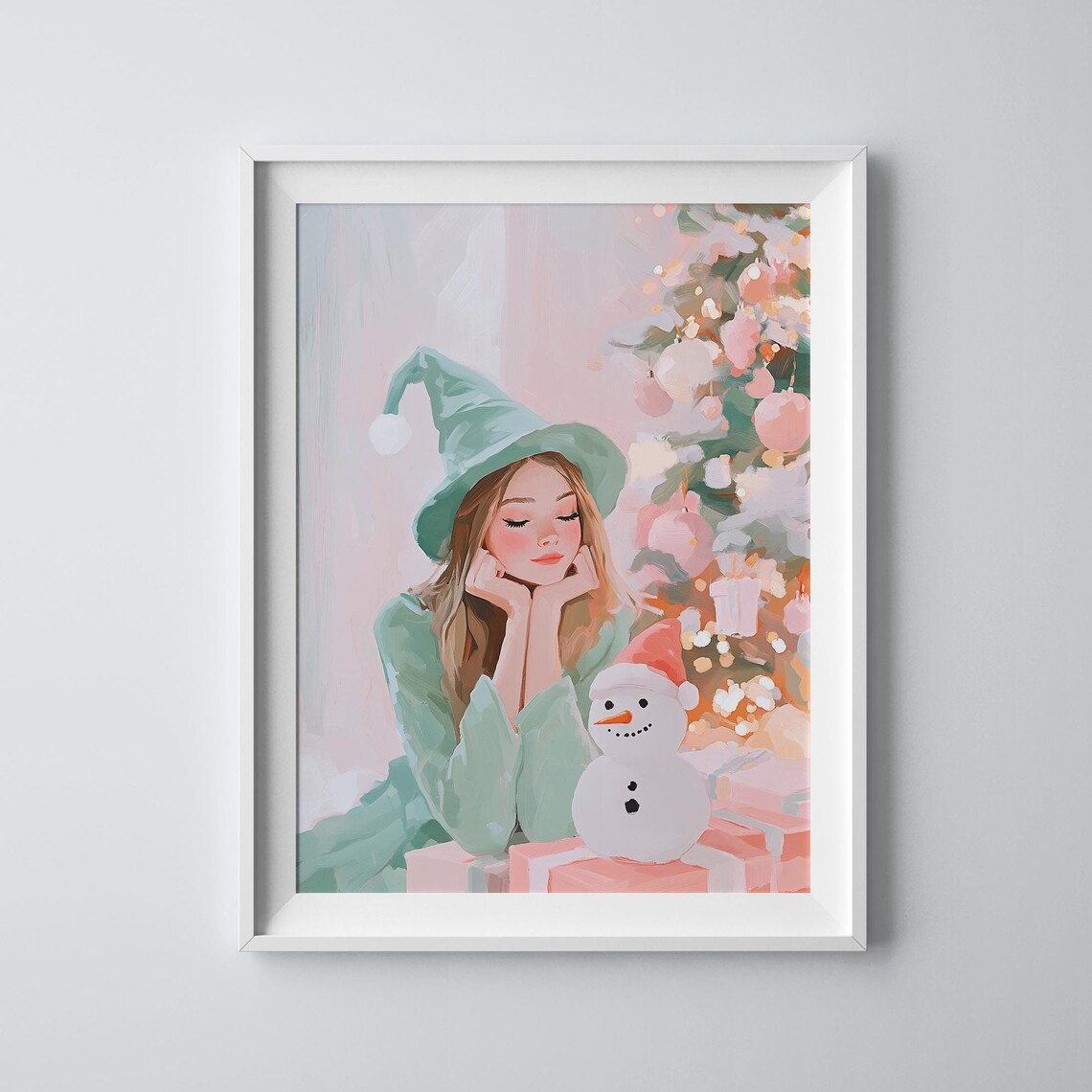 Girl Green Winter Hat Snowman Christmas Tree Pastel Holiday Print
