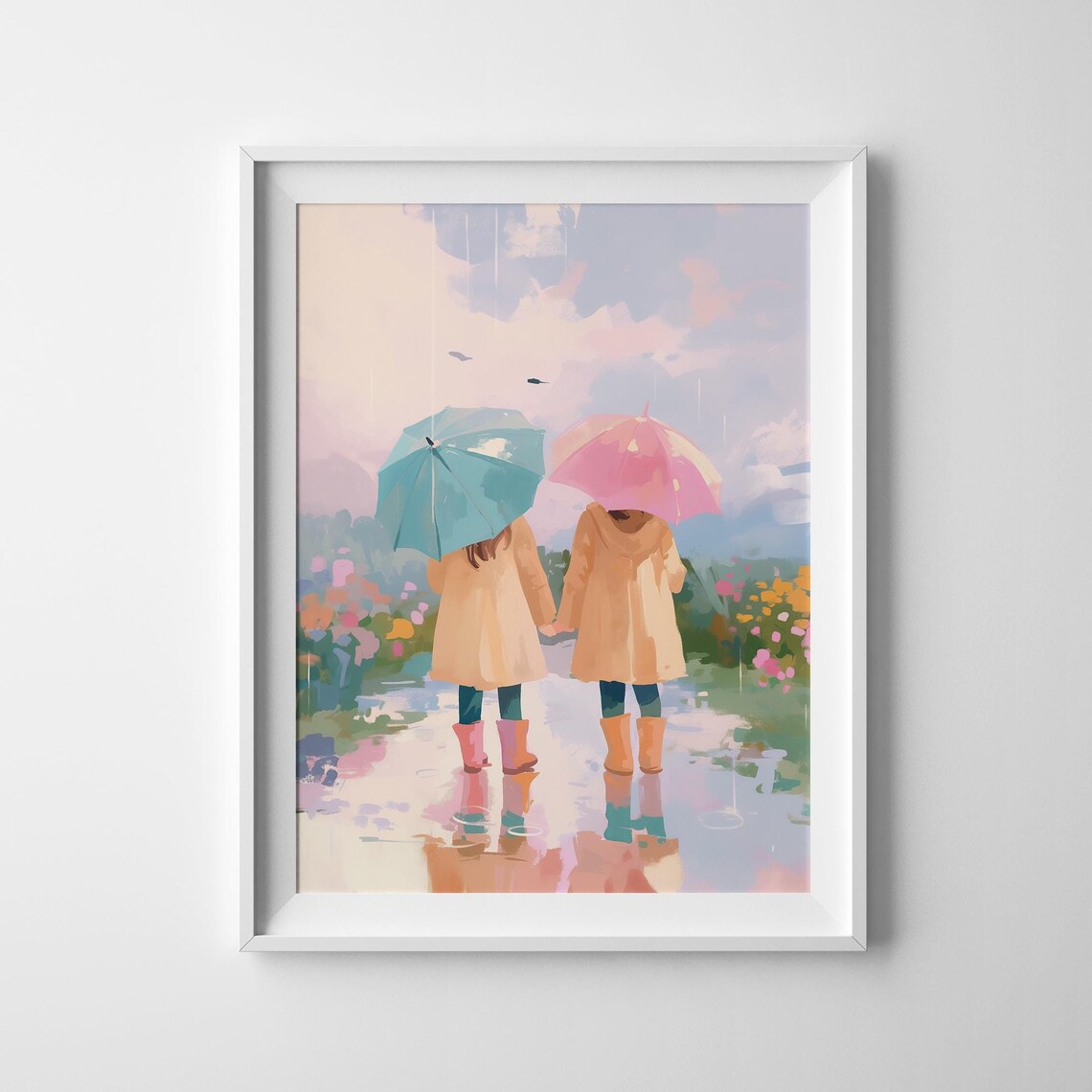 Two Girls Holding Hands Under Umbrellas In A Rainy Garden Poster