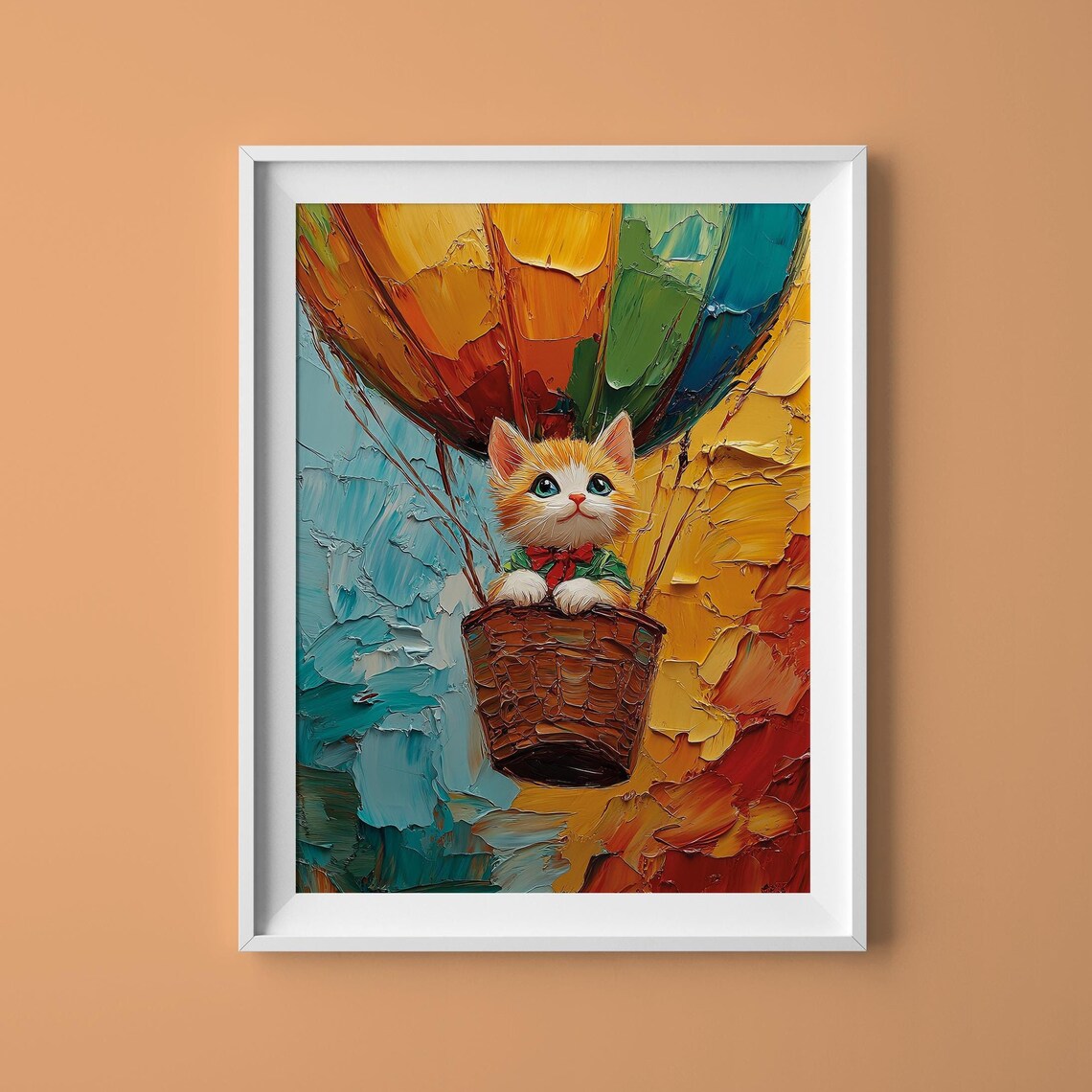 Kitten in Hot Air Balloon Impasto Colorful Oil Painting Poster