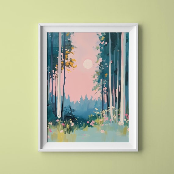 Pastel Night Forest Art Moon Forest Art Deep Blue Forest Art Full Moon Forest Whimsical Night Art Deep Blue Forest Art Night Forest