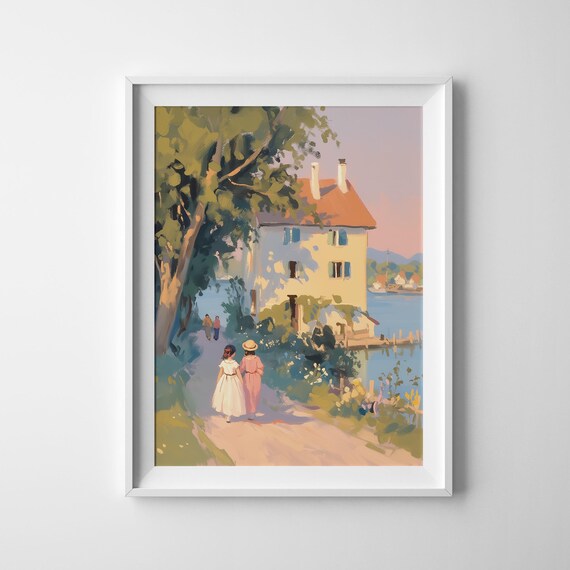 Sunlit European Lakeside Villa With Blue Shutters Vintage Travel Poster