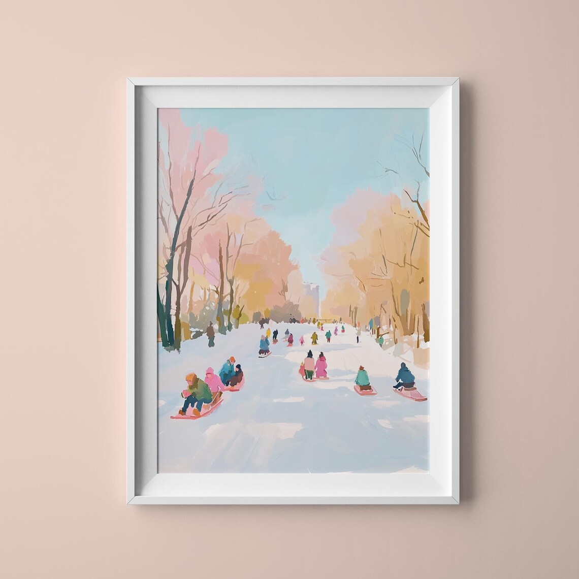 Kids Sledding Down A Snowy Pastel Park Hill Winter Holiday Art Poster