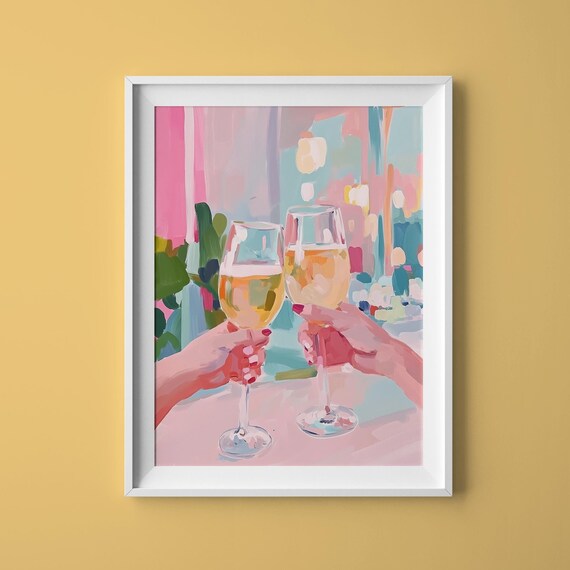 Two Friends Toasting White Wine Glasses Pastel Cafe Celebration Art Poster