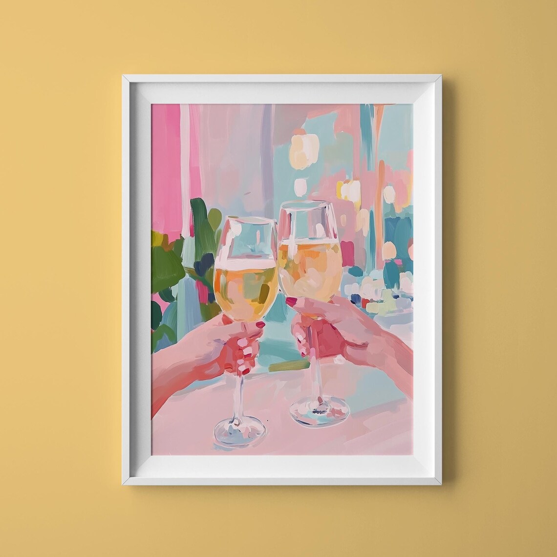 Two Friends Toasting White Wine Glasses Pastel Cafe Celebration Art Poster