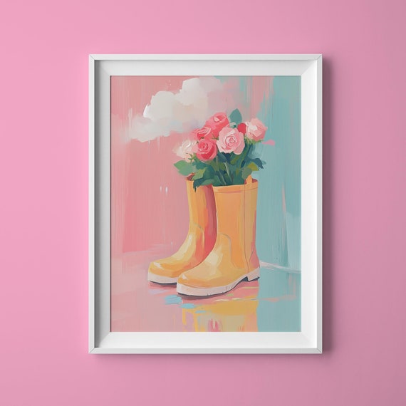 Cloudy Rain Boot Roses Artwork Rainy Day Wall Art Rainy Day Decor Whimsical Artwork Cute Rain Design Floral Cloud Print Rainy Season