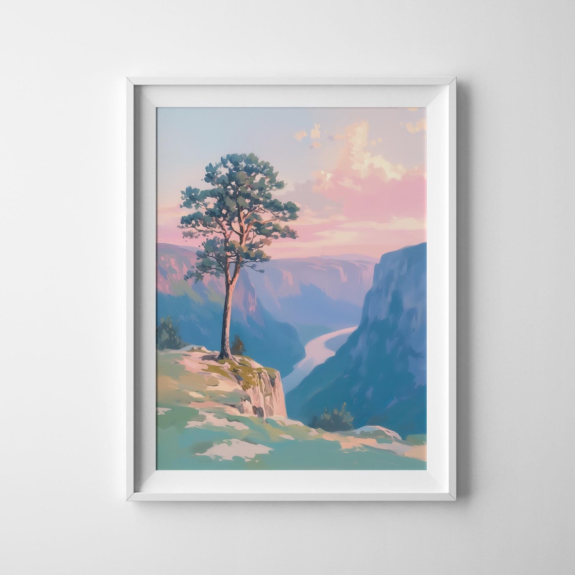 Lone Pine Tree On Cliff Overlooking River Valley At Sunset Poster