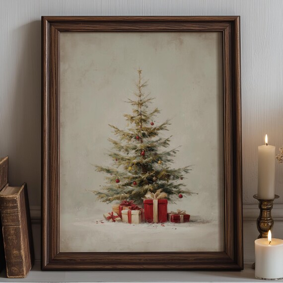 Vintage Christmas Tree With Gifts Elegant Neutral Holiday Painting Poster