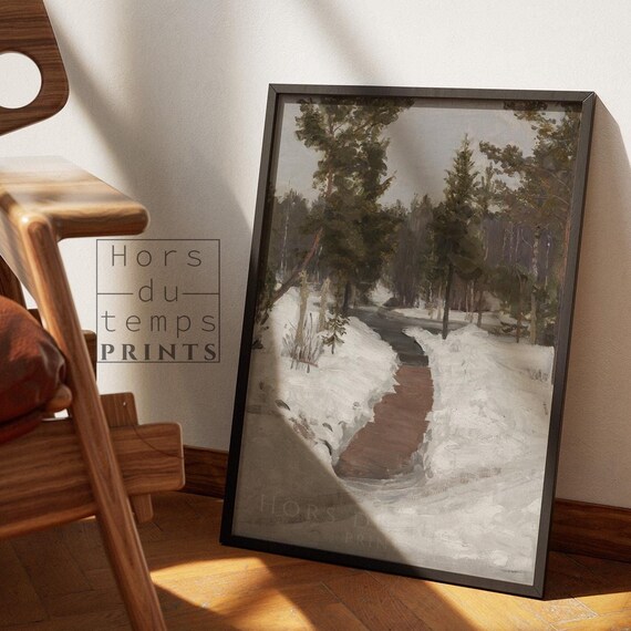 Winter Pine Forest Path Moody Dark Snowy Woods Oil Painting Poster
