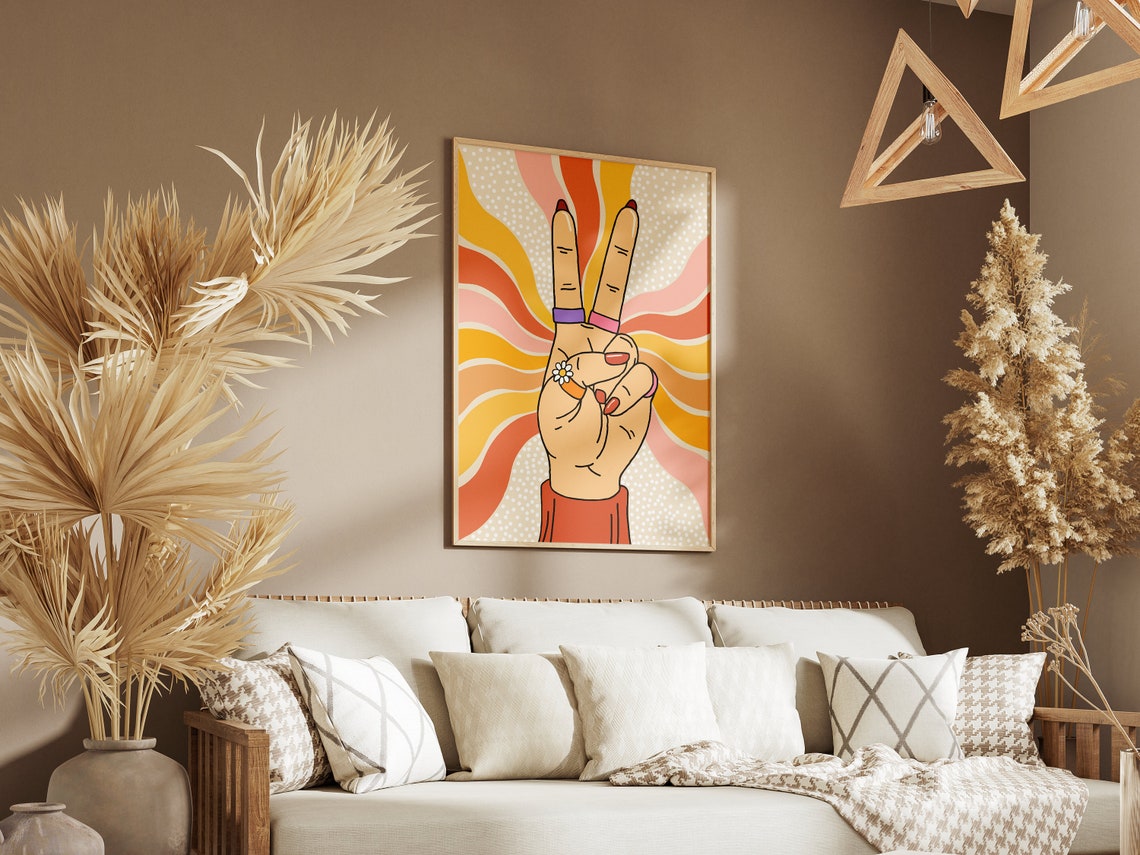 Groovy Retro Peace Sign Hand Warm Sunburst Wall Poster Art Decor - Image 4